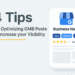 Graphic showing 4 tips to optimize Google My Business posts with a smartphone illustration.