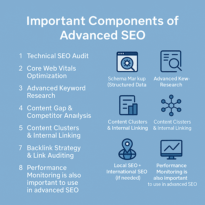 Infographic showing 9 important components of Advanced SEO including technical SEO, core web vitals, schema, keyword research, and more