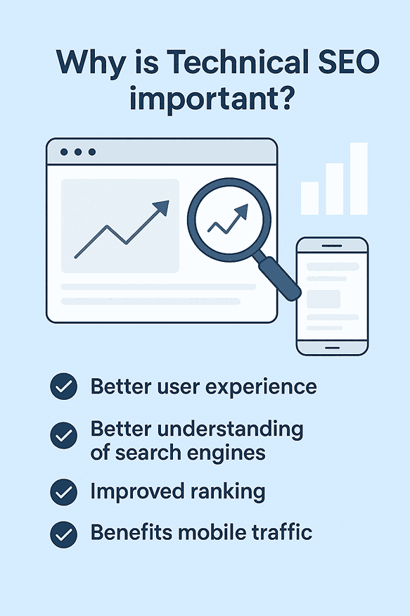 Infographic showing why Technical SEO is important with benefits like better user experience, improved search engine understanding, higher rankings, and mobile traffic optimization