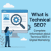 A digital banner visually explaining "What is Technical SEO in Digital Marketing", including elements like crawlability, site speed, mobile optimization, and indexing—key components that impact SEO performance.