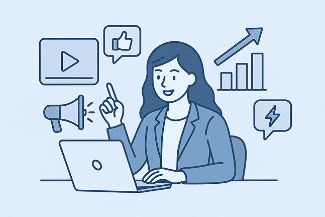 Digital Marketing Strategy Illustration with Woman Using Laptop and Social Media Icons